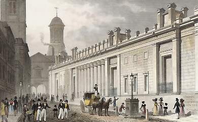East Front of the Bank of England, and New Tower of Royal Exchange, from St. Bartholomew Lane