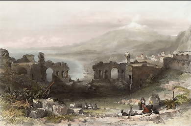 Ruins of the Theater at Taormina and Mount Aetna