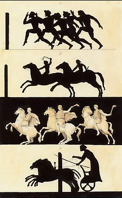 1. Course à Pied, 2. à Cheval, 3. Aux Flambeaux, 4. En Char