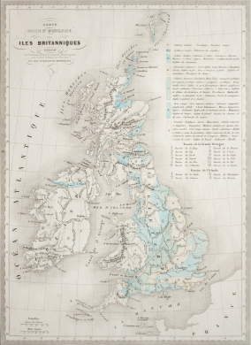 Carte Physique et Minéralogique des Iles Britanniques présentant les Bassins les principales Montagnes les Cours d'Eaux, les Roches et les substances Minérales