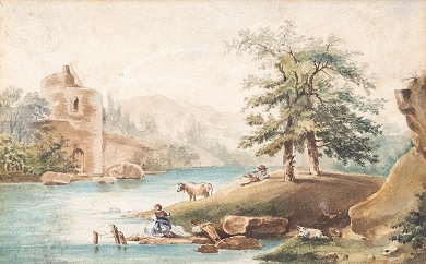 Lavandière Et Pâtre Dans Un Paysage Au Château