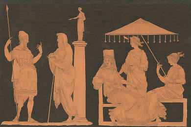Agamemnon, Ulysse (plutôt Calchas), Clytemnestre et Iphigénie