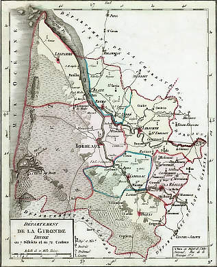 Département de la Gironde divisée en sept districts et en 72 Cantons