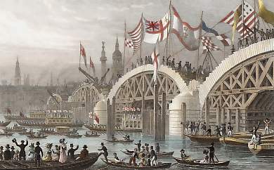 New London Bridge, with the Lord Mayor´s Procession Passing Under the Unfinish´d Arches, Nov. 1827.